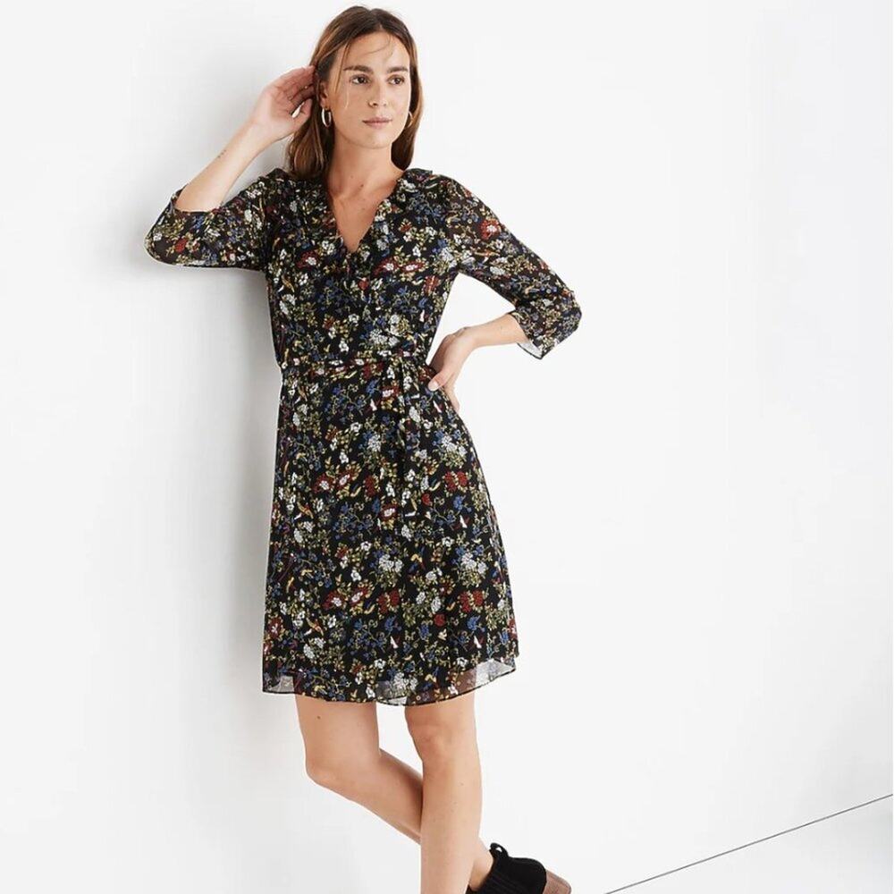 Madewell Sheer-Sleeve Ruffled Wrap Dress in Finch Floral